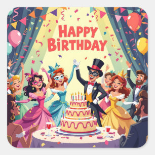 Sticker Carré Thème de masquerade joyeux anniversaire mignon