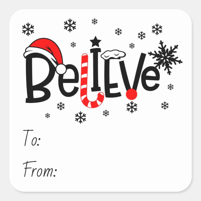 Sticker Carré Thème de Noël Croire Texte Avec Des Snowflakes (Devant)
