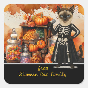 Sticker Carré Thème Halloween pour amateurs de chats avec bonbon