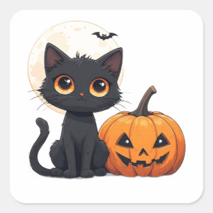 Sticker Carré Thème Magique de Halloween Chat Noir Kawaii 🎃