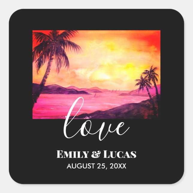 Sticker Carré Thème mariage Plage tropicale Coucher de soleil Co (Devant)