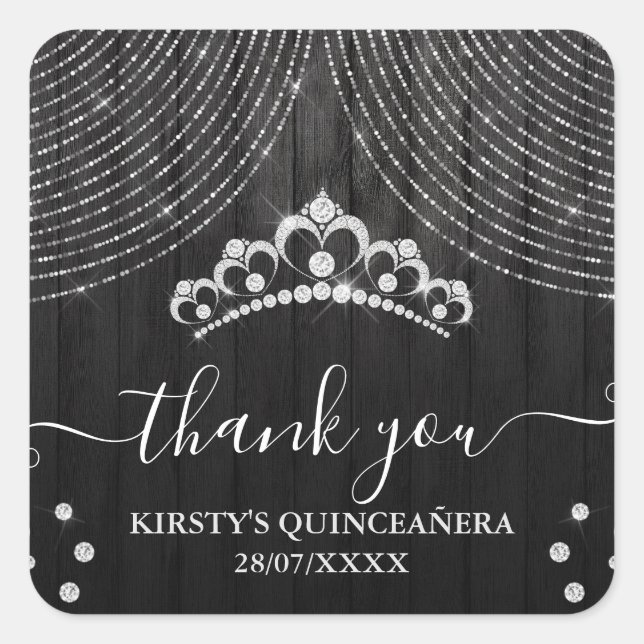 Sticker Carré Tiara en diamant d'argent sur Quinceanera en bois  (Devant)