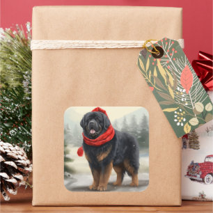 Sticker Carré Tibetan Mastiff Chien dans la neige Noël