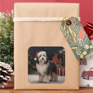 Sticker Carré Tibetan Terrier dans la neige Noël