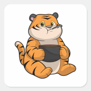 Sticker Carré Tiger à manger avec Bowl