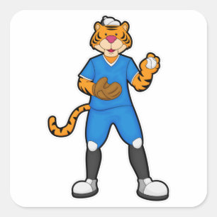Sticker Carré Tiger au baseball avec gant et Casquette de baseba