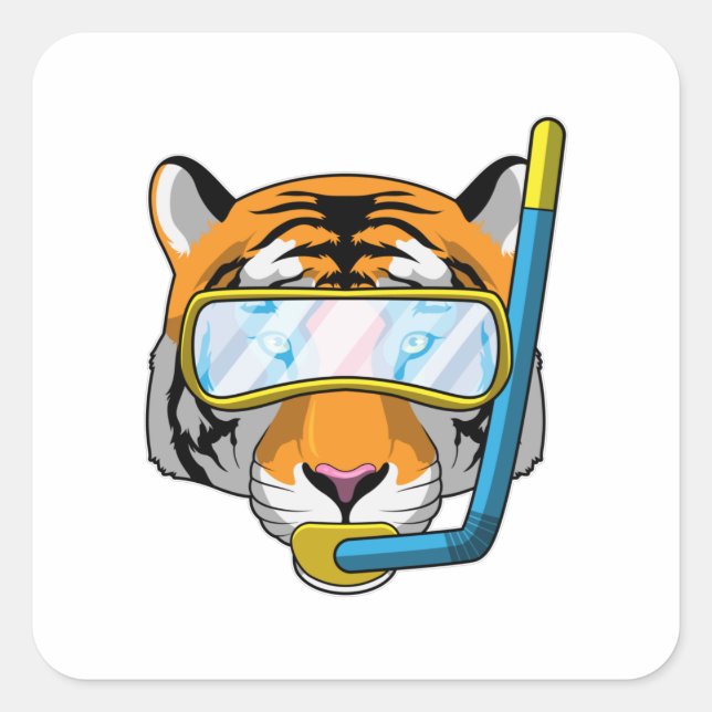 Sticker Carré Tiger comme plongeur avec tuba (Devant)