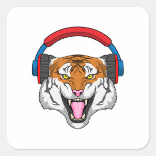 Sticker Carré Tiger en musique avec casque