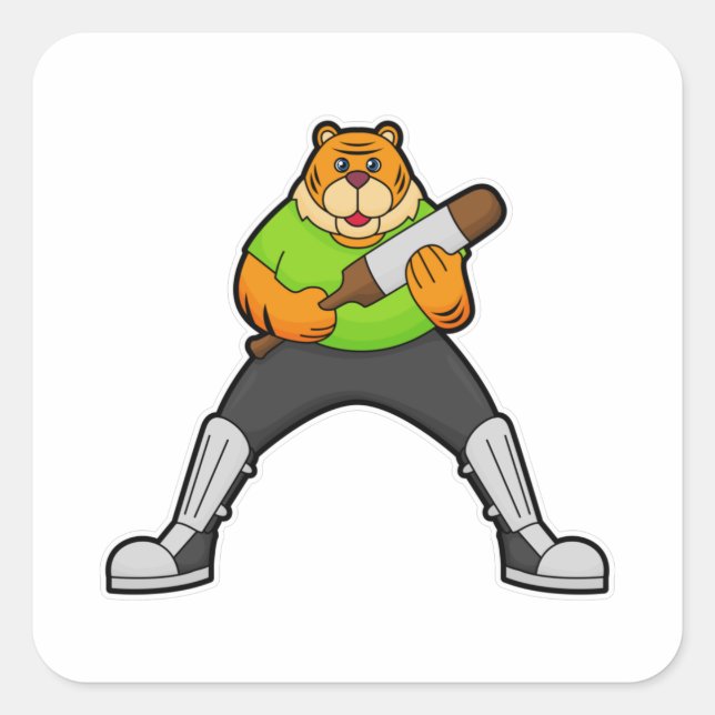 Sticker Carré Tigre au cricket avec batte de cricket (Devant)