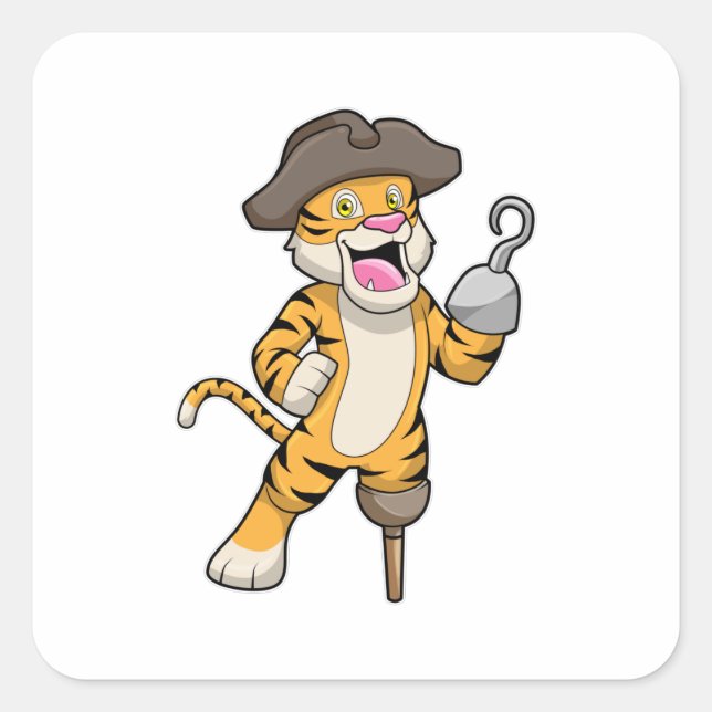 Sticker Carré Tigre comme pirate avec jambe en bois et main croc (Devant)