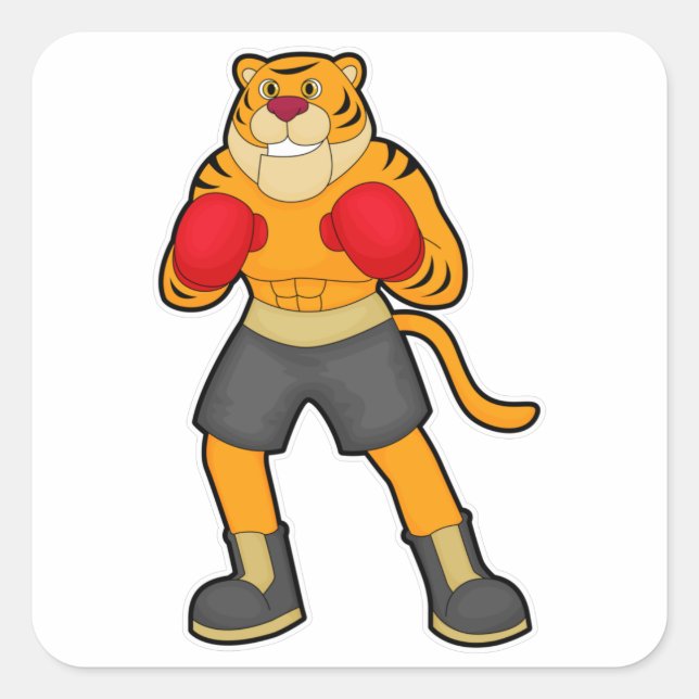 Sticker Carré Tigre en boîte avec gants de boxe (Devant)