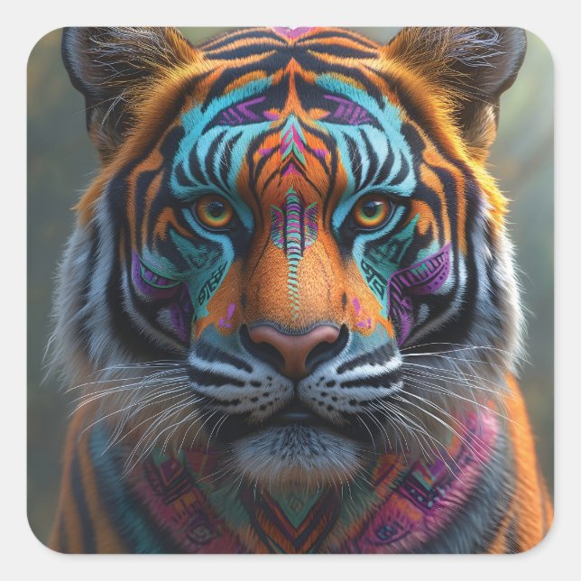 Sticker Carré Tigre majestueux avec peinture faciale Tribale vib (Devant)
