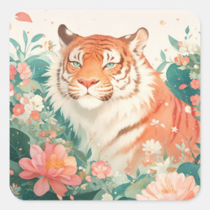 Sticker Carré Tigre Majestueux dans Jardin de Fleurs Botaniques