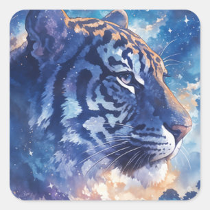 Sticker Carré Tigre Majestueux Sous le Ciel Nocturne Céleste