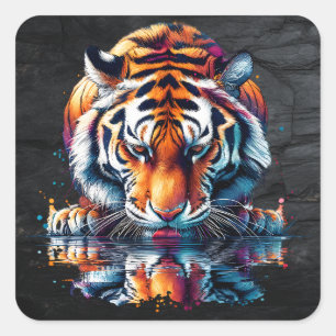 Sticker Carré Tigre regardant la réflexion dans l'eau