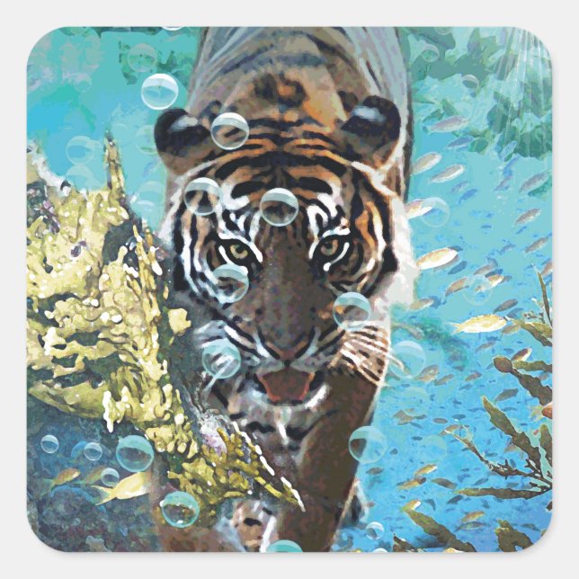 Sticker Carré Tigre sous l'eau imaginaire nature animale (Devant)