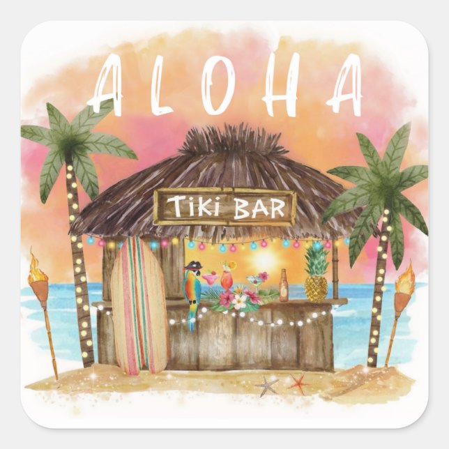 Sticker Carré Tiki Beach Bar Surf tropical & mer (Devant)