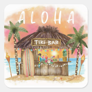 Sticker Carré Tiki Beach Bar Surf tropical & mer