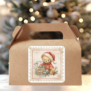 Sticker Carré Timbre vintage d'ours en peluche de Noël avec cade