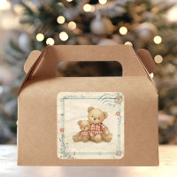 Timbres Vintage Teddy Bear Duo carreaux rouges