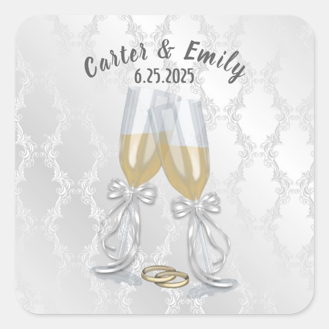 Sticker Carré Toast Mariage Champagne avec anneaux (Devant)