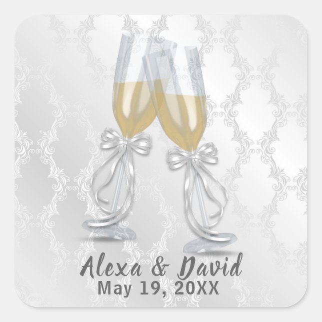 Sticker Carré Toast mariage Champagne Sur Damas (Devant)