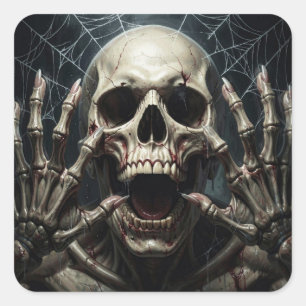 Sticker Carré Toiles d'araignées, crâne et os Halloween effrayan