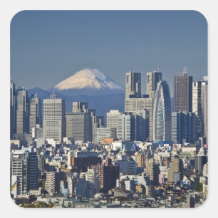 Sticker Carré Tokyo, Skyline du quartier de Shinjuku, mont Fuji,