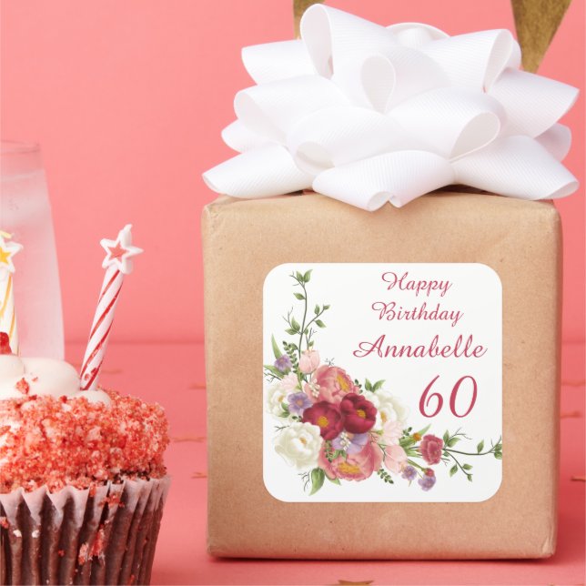 Sticker Carré Tons de rose blanc Peony Flower Joyeux anniversair (Fête)