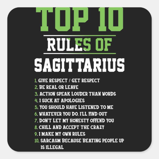 Sticker Carré Top 10 Règles De Sagittarius Anniversaire Horoscop (Devant)