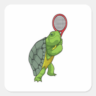Sticker Carré Tortue au Tennis avec raquette de tennis