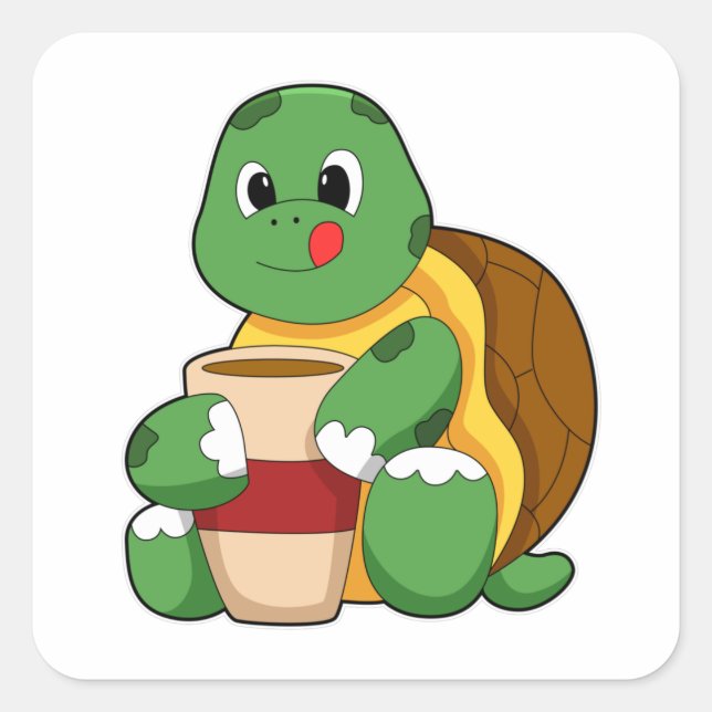 Sticker Carré Tortue avec tasse de café (Devant)