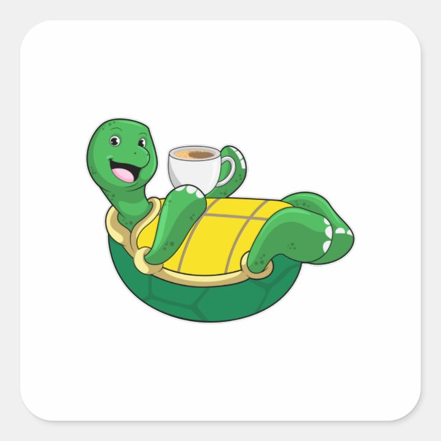 Sticker Carré Tortue avec tasse de café (Devant)