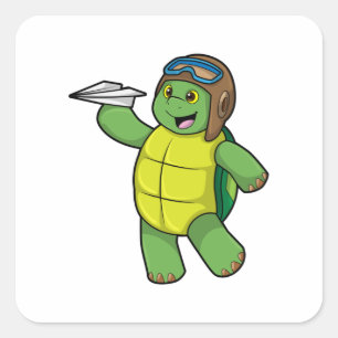 Sticker Carré Tortue comme pilote avec avion en papier