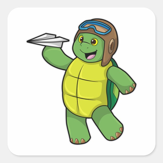 Sticker Carré Tortue comme pilote avec avion en papier (Devant)