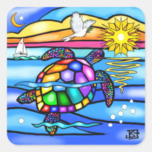 Sticker Carré Tortue de mer (#8 - avec colombe)