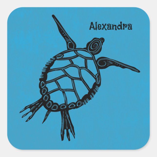 Sticker Carré Tortue de mer  Gravure sur bois (Devant)