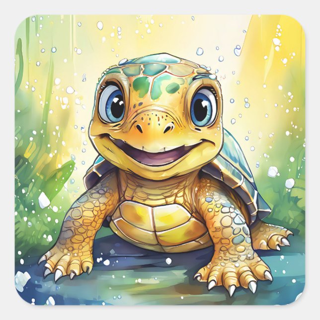 Sticker Carré Tortue de mer mignonne (Devant)