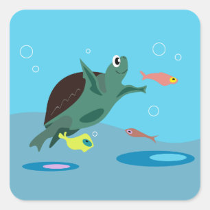 Sticker Carré Tortue de mer mignonne sous l'art marin