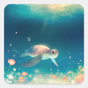 Sticker Carré Tortue de mer nageant sous l'eau lumineuse