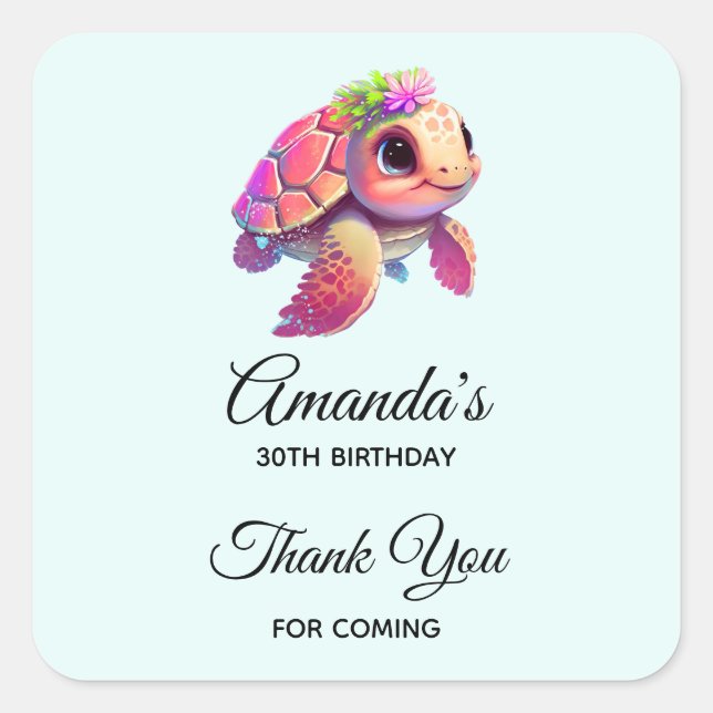 Sticker Carré Tortue de mer rose Whimsical & mignon Anniversaire (Devant)