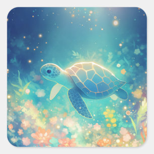 Sticker Carré Tortue de mer sarcelle nageant dans un étang magiq
