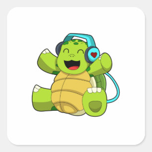 Sticker Carré Tortue en musique avec casque