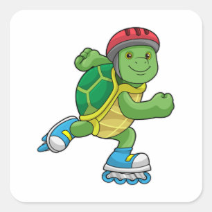 Sticker Carré Tortue en patinage avec patins en ligne et casque