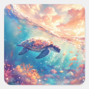 Sticker Carré Tortue marine nageant dans l'océan tropical
