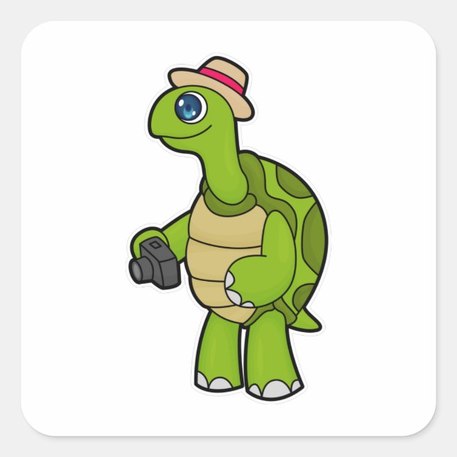 Sticker Carré Tortue photographe avec caméra (Devant)