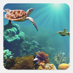 Sticker Carré Tortues de mer Nager sous l'eau