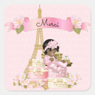 Sticker Carré Tour Eiffel de Paris Rose Or Bébé Fille Ethnique