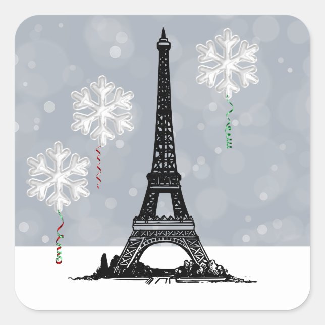 Sticker Carré Tour Eiffel d'hiver, Balloirs à flocons de neige N (Devant)