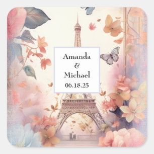 Sticker Carré Tour Eiffel Papillons et Fleurs Mariage